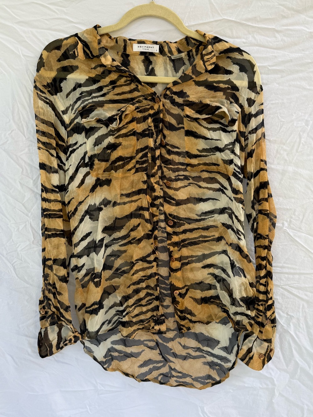 Equipment Tiger Print Silk Button Down Blouse Tan Black Cream